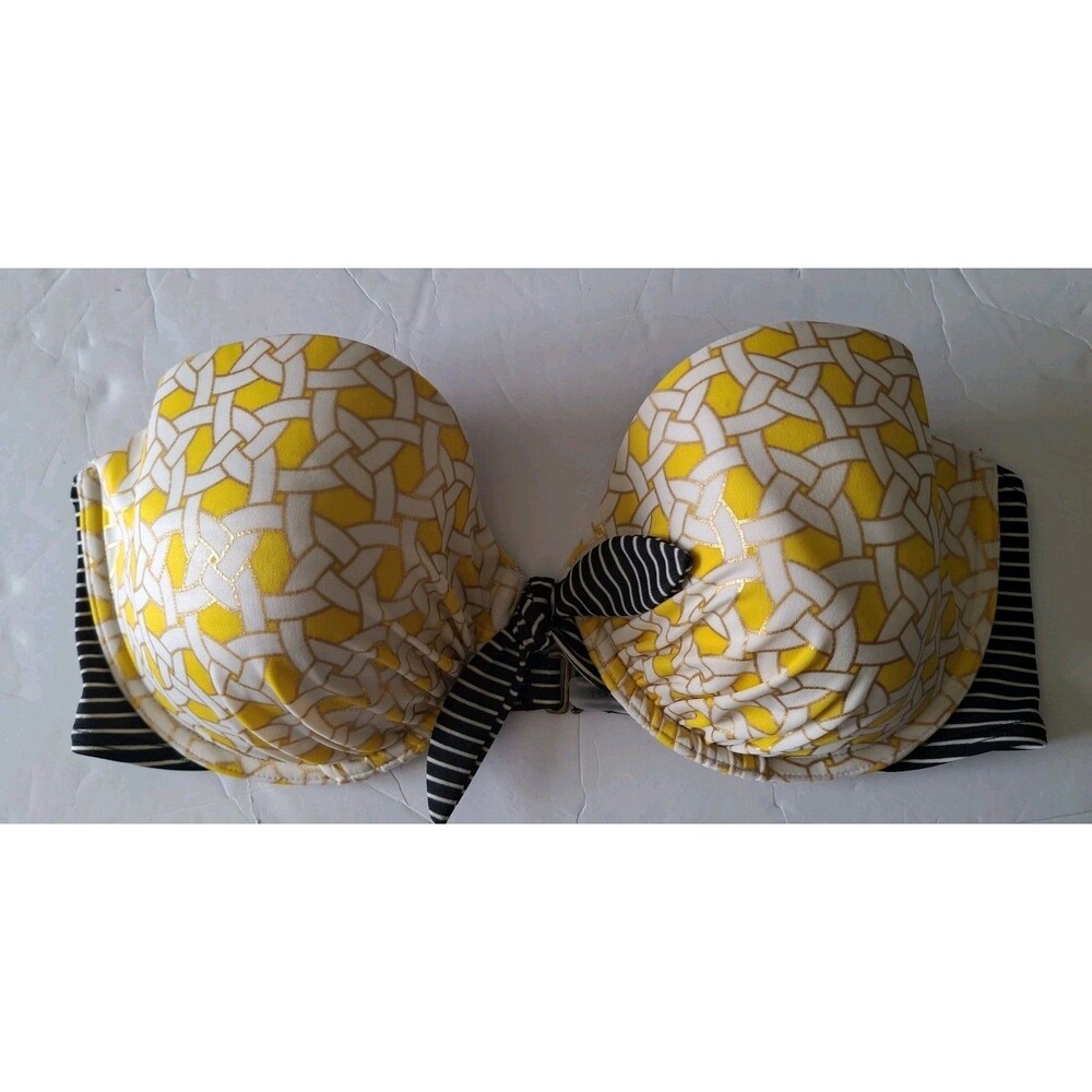 Victoria's Secret Biofit Strapless Swim Top Size 38D Yellow Black Geo Striped